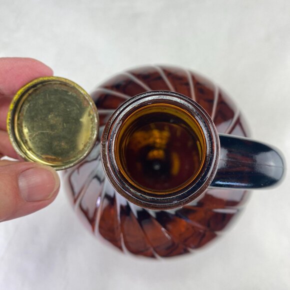 Vintage Amber Swirl Glass Jug Bottle With Handle & Yellow Metal Lid - Picture 6 of 11